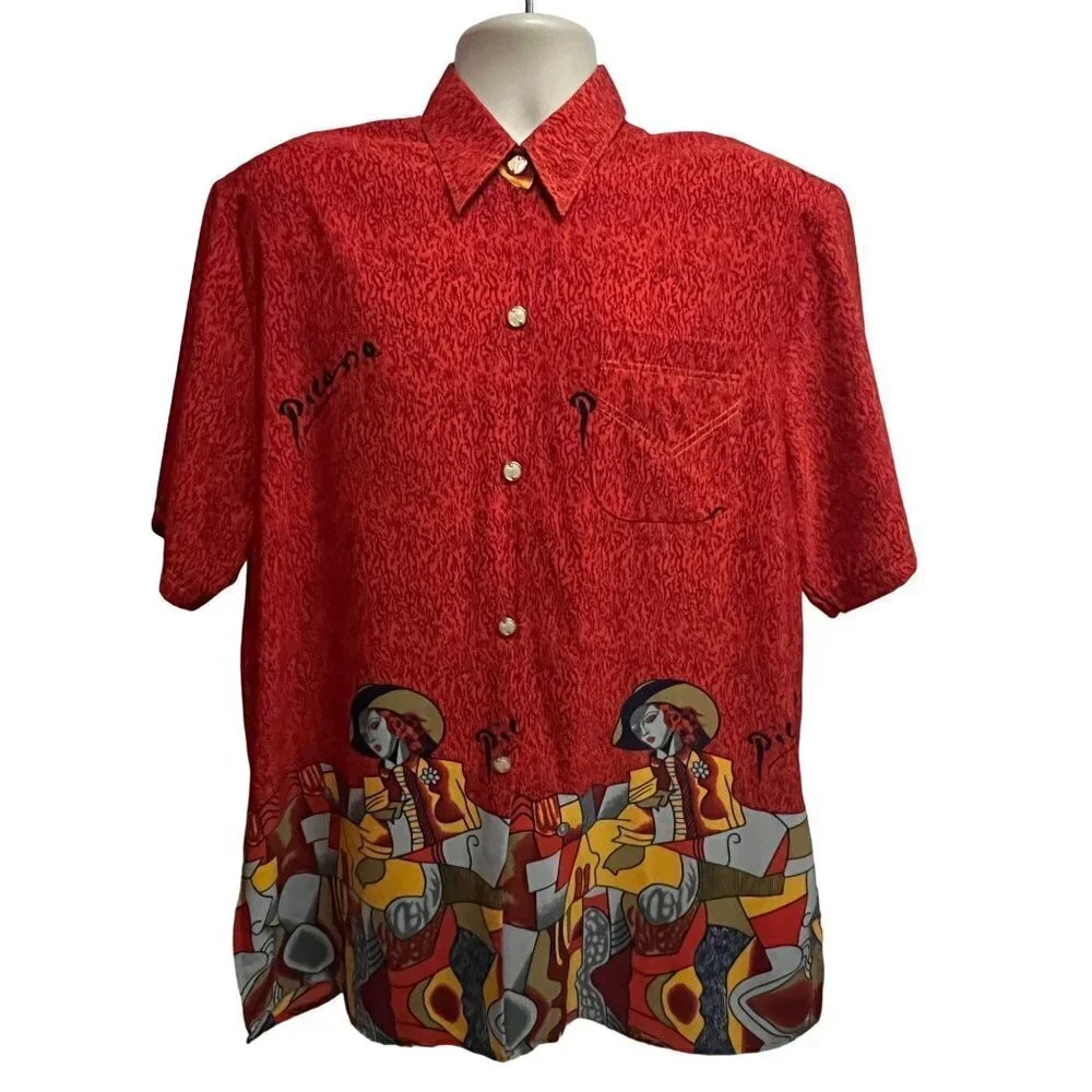 Pablo Picasso Vintage 80s Pop Art Print Red Button Front Camp Shirt XL Pocket